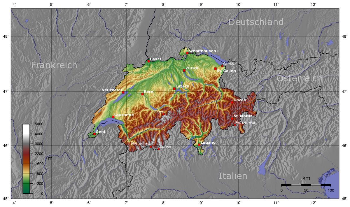 Karte der Schweiz Höhe
