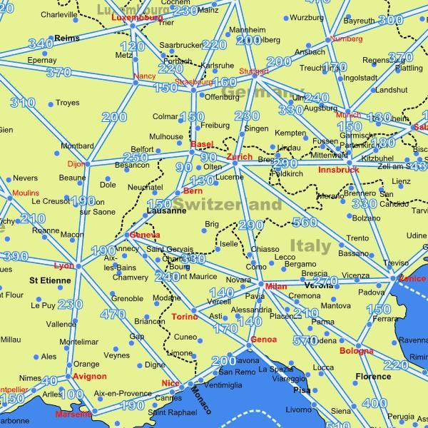 Landkarte von Schweiz-Karte mit Entfernungen