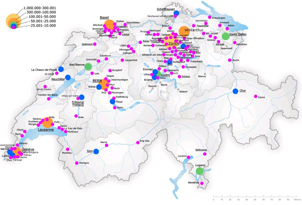 die Schweiz-Karte mit den wichtigsten Städten