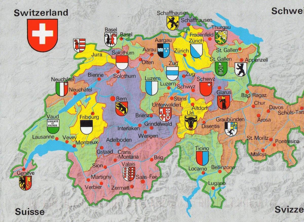 Karte der Schweiz mit touristischen Attraktionen