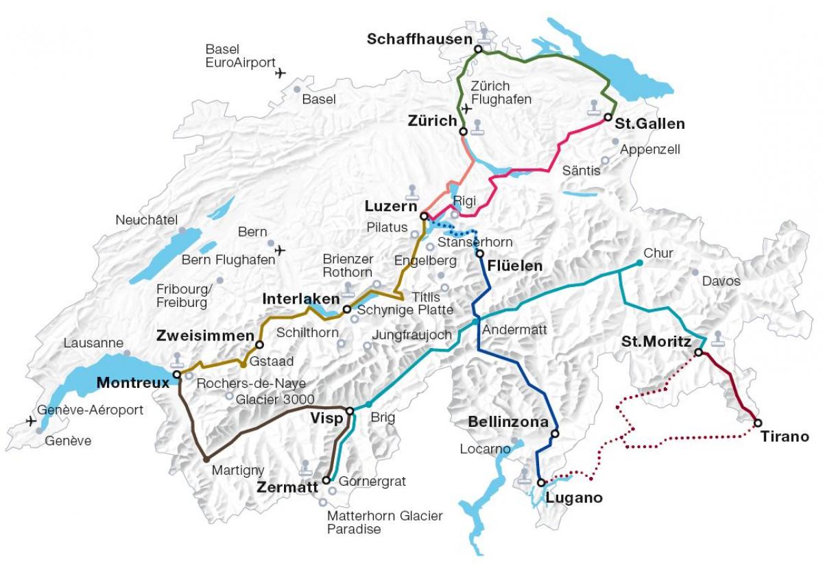 die Schweiz landschaftlich reizvollen Bahn-Routen Karte