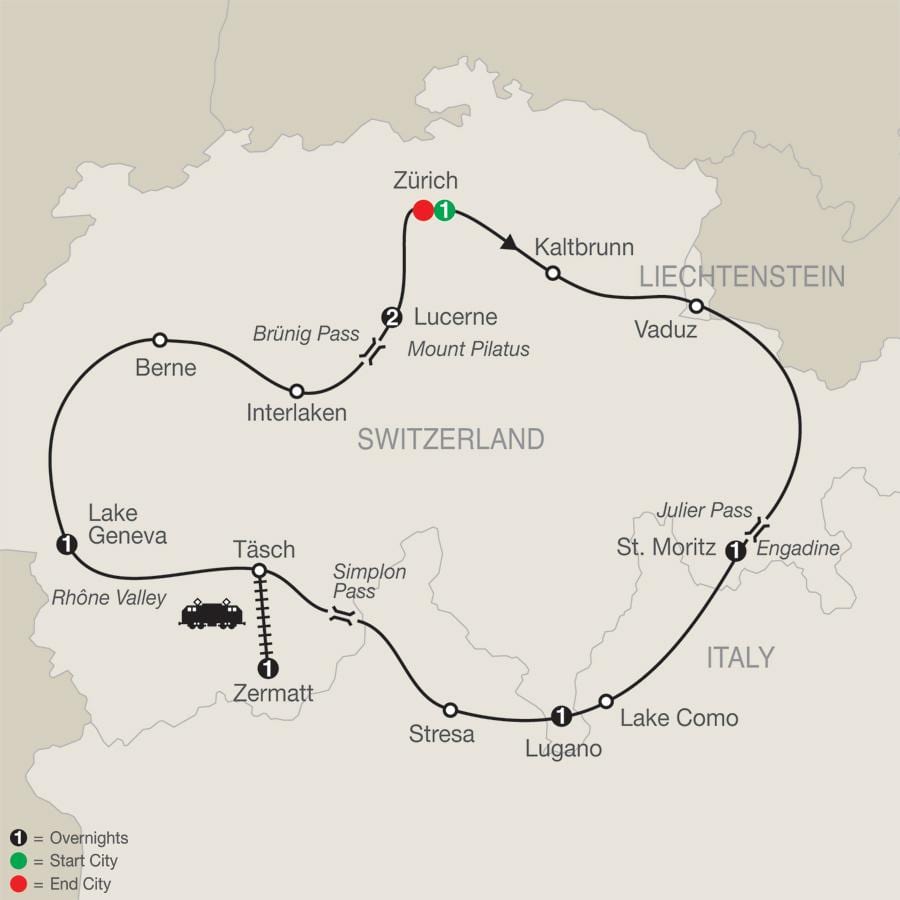 Karte der Schweiz Rundfahrten