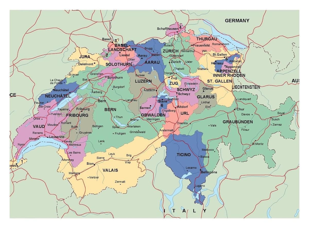 Karte der Schweiz mit Städten und Gemeinden